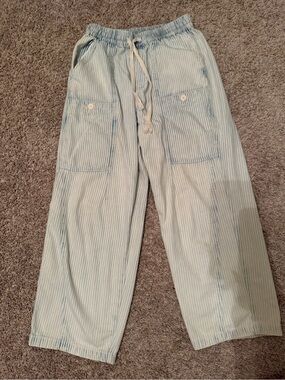 Light Blue Striped Drawstring Joggers with Patch Pockets